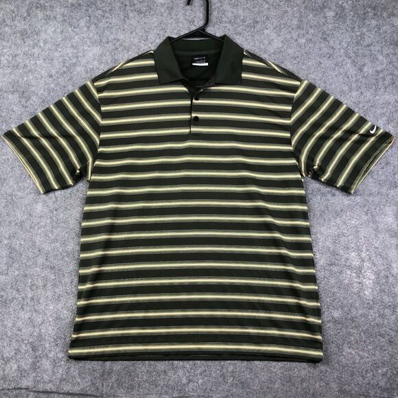 Nike Golf Polo Fit Dry Shirt Size Large Green Striped Performance Golfer Preppy - Picture 1 of 7